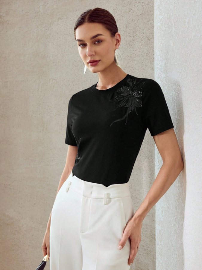 Blusa manga corta algodón con brillo bordado